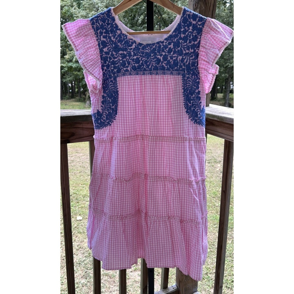 J Marie Embroidered Genevieve Tiered Midi Dress Pink White Flutter Sleeves XS
